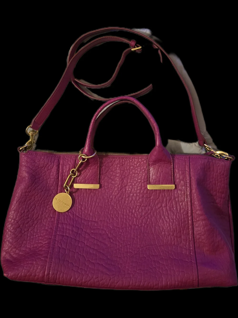 Vince Camuto Fuchsia Leather Satchel Handbag with Gold Accents 9.5x16x4